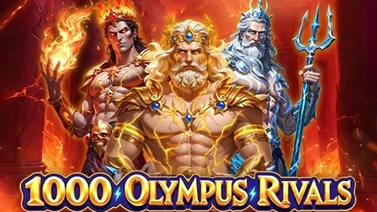 Captura de tela do jogo 1000 Olympus Rivals da Amigo Gaming, mostrando os 7 rolos e o tema de mitologia grega.