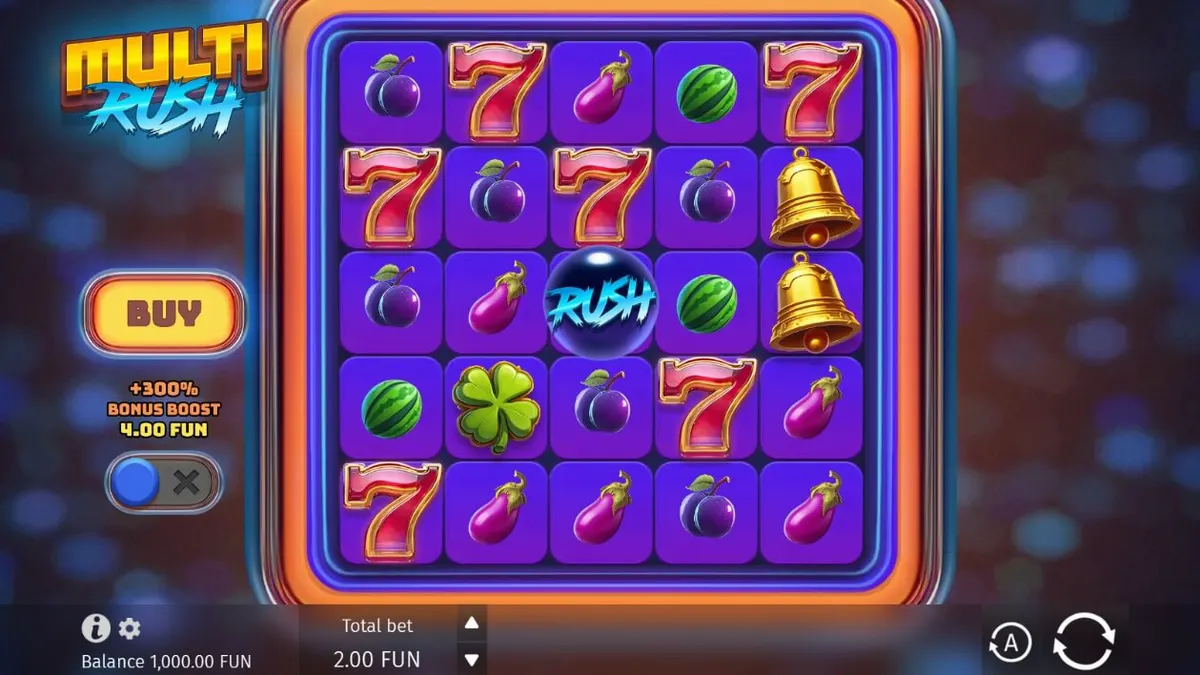 Interface vibrante e neon do slot Multi Rush com símbolos de frutas e o orbe central